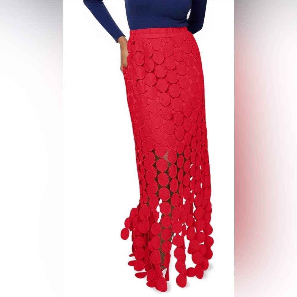 Cicy Bell Hollow Out Maxi Skirts Summer High Waisted Boho Fringe Hem Long Skirt